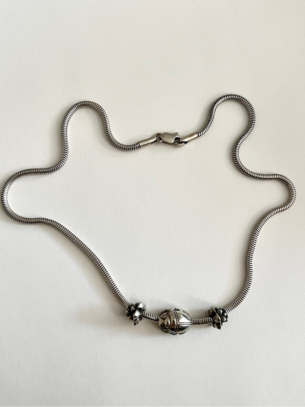 Trollbeads Scarab and Lotus Necklace on Thick Sterling Snake Chain Excellent